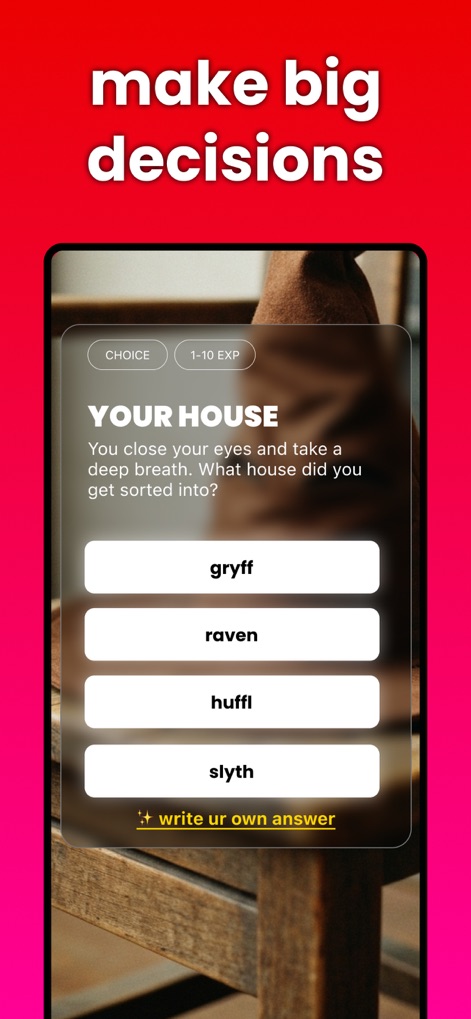simmy - be the main character - Observe how users navigate pivotal plot points by making significant choices, such as selecting their 'YOUR HOUSE' affiliation and gaining 'EXP' that influences their personalized narrative.
