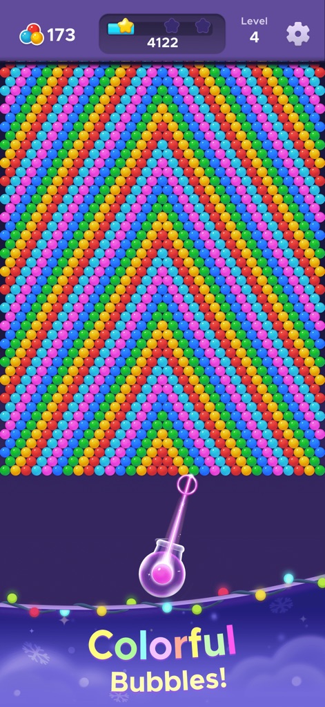 Bubble Relax: Pop Shooter - Immerse yourself in the app's vibrant color palette and the intricately designed chevron bubble patterns that challenge players.