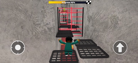 Prison Blox: Obby 3D Parkour - Observe the intuitive on-screen controls and the intricate moving platforms designed to test users' agility.