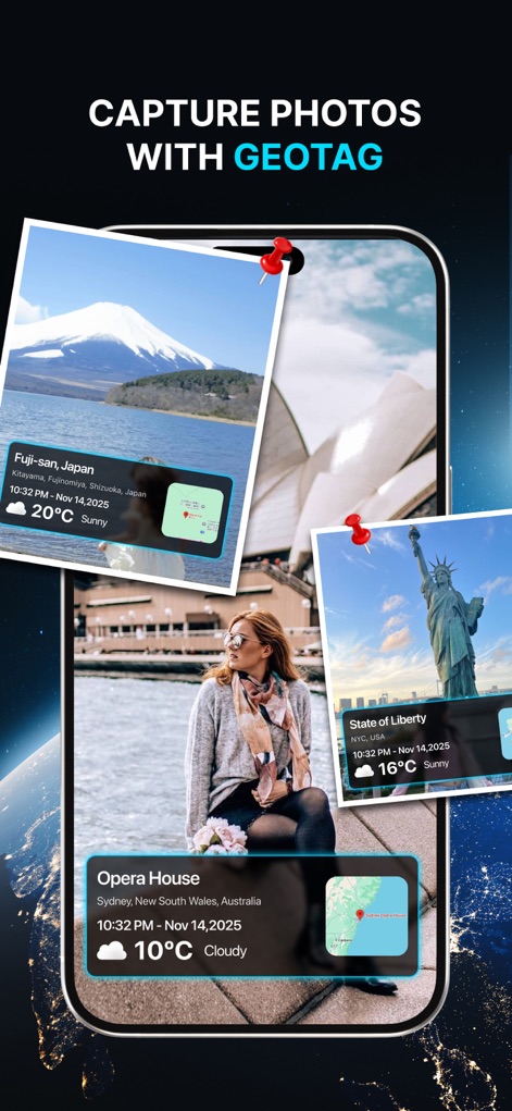 Mappa: GPS & Live Earth Camera - Los usuarios pueden ver sus fotos con detalles de geolocalización, incluyendo la ubicación precisa y la información meteorológica como la temperatura y el estado del tiempo.
