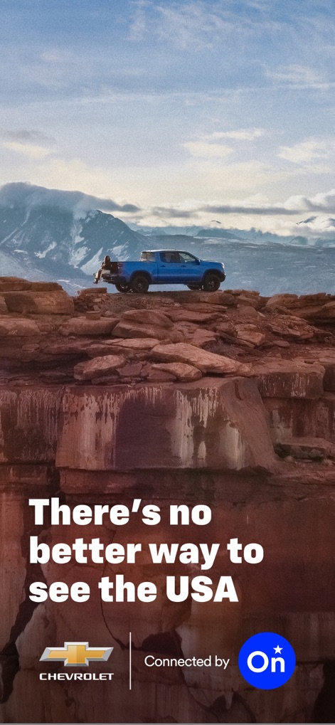 myChevrolet - This visual emphasizes the comprehensive Chevrolet brand experience, highlighting the vehicle on a scenic landscape and its "Connected by OnStar" integration.