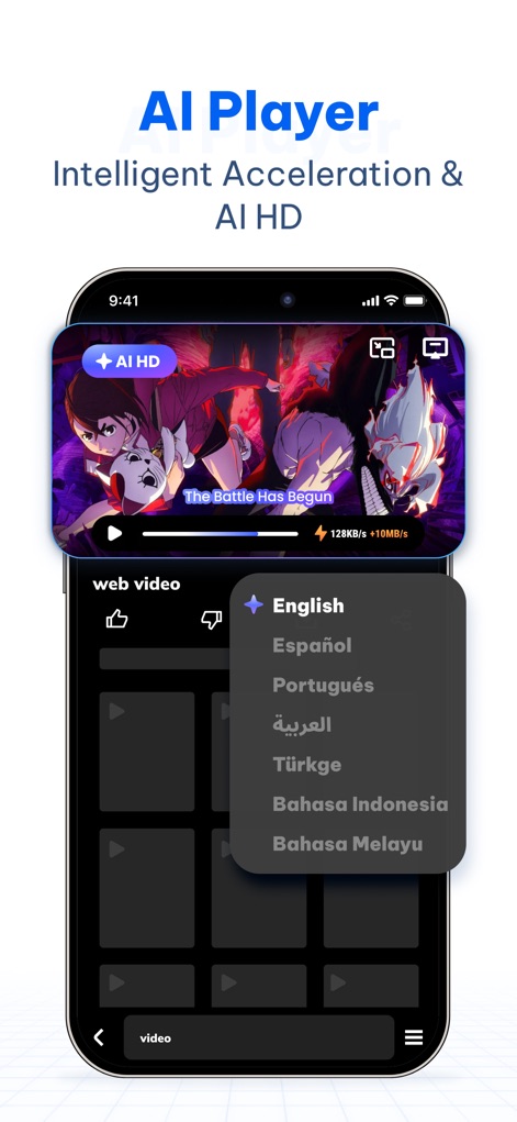 Seekee - Ai Search & Assistant - The app features its AI Player, providing intelligent acceleration and AI HD capabilities alongside instant multilingual translation options such as English and Spanish for an enhanced viewing experience.