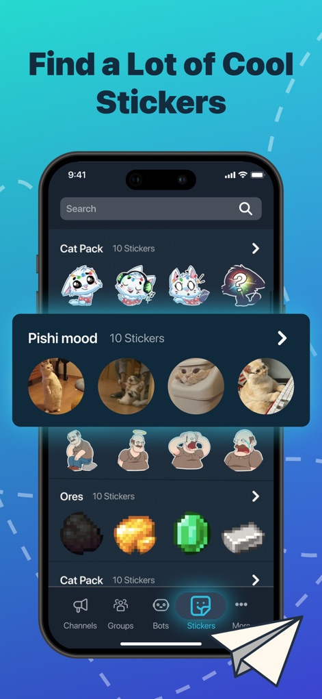 Telegram Channel Hub Group App - La herramienta ofrece una colección única de stickers, permitiendo a los usuarios visualizar packs completos como "Pishi mood" y el "Cat Pack" para diversificar sus conversaciones.