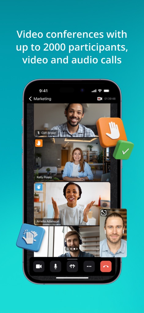 TrueConf: Business Messenger - Nutzer erleben reibungslose Videokonferenzen mit mehreren Teilnehmern und können interaktive Reaktionen nutzen, um sofortiges Feedback zu geben.