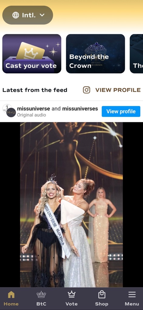 Miss Universe - Users can immerse themselves in the world of the pageant with a dynamic Instagram feed integration and quick access to essential features like "Cast your vote" and "Beyond the Crown" initiatives.
