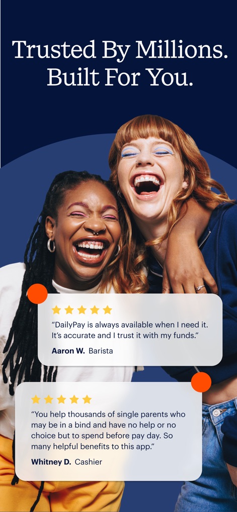 DailyPay On-Demand Pay - The app proudly displays positive user testimonials from individuals like "Aaron W. Barista" and "Whitney D. Cashier," underscoring widespread user satisfaction and trust.