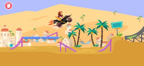 Dirt Bike Games Kids - 이 이미지는 사막 도시를 배경으로 펼쳐지는 점프 액션을 선보입니다. 사용자는 푸른 야자수와 이국적인 건물들을 배경으로 모험적인 주행을 즐길 수 있습니다.