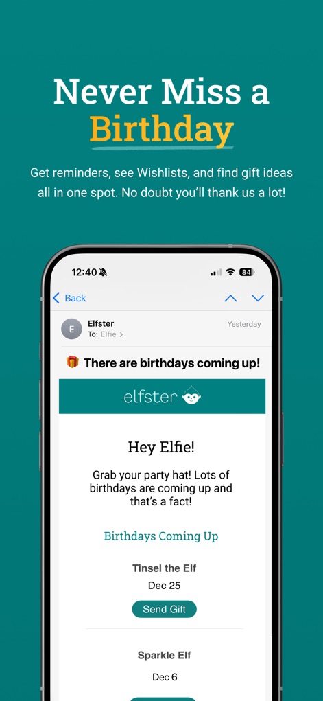 Elfster: The Secret Santa App - Users receive timely notifications for "birthdays coming up", displaying specific dates and names like "Tinsel the Elf Dec 25", alongside a convenient "Send Gift" option.