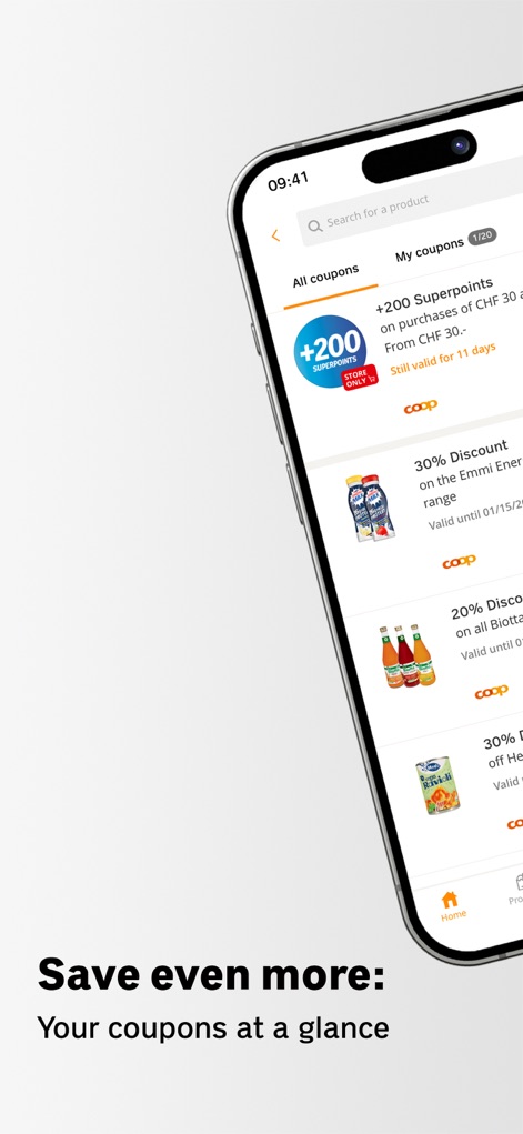 Coop supermarket - Die App bündelt alle digitalen Coupons übersichtlich, sodass Nutzer Angebote wie "+200 Superpoints" und "30% Discount" leicht aktivieren und ihre Gültigkeit einsehen können.