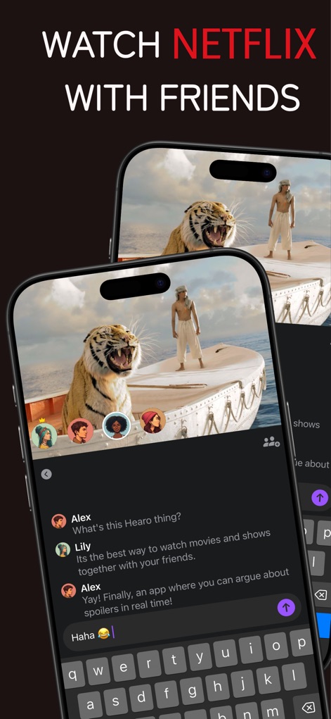 Hearo - Watch Together - Users can engage in live discussions with an integrated real-time text chat, seamlessly overlaid on the synchronized video stream while watching content together.