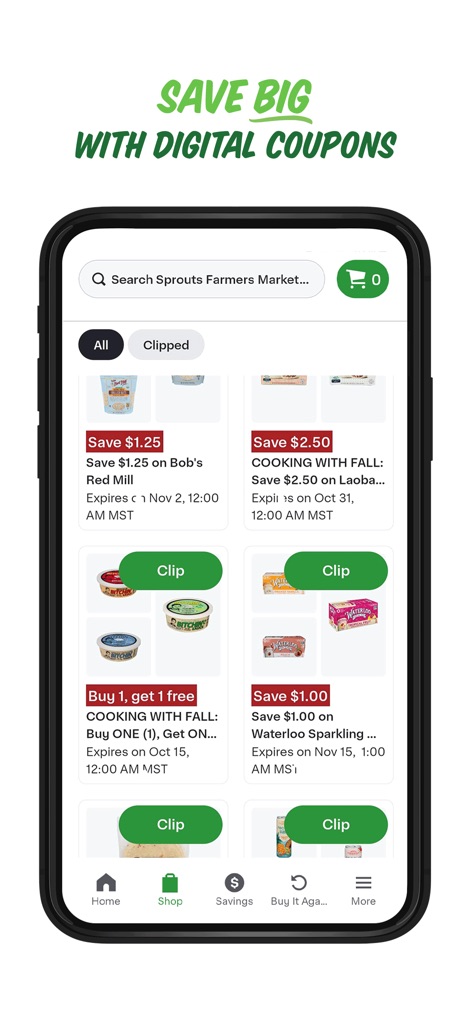 Sprouts Farmers Market - The app streamlines budgeting with a dedicated "Clipped" digital coupons section, offering various promotions such as "Save $1.25" and "Buy 1, get 1 free" for instant discounts.