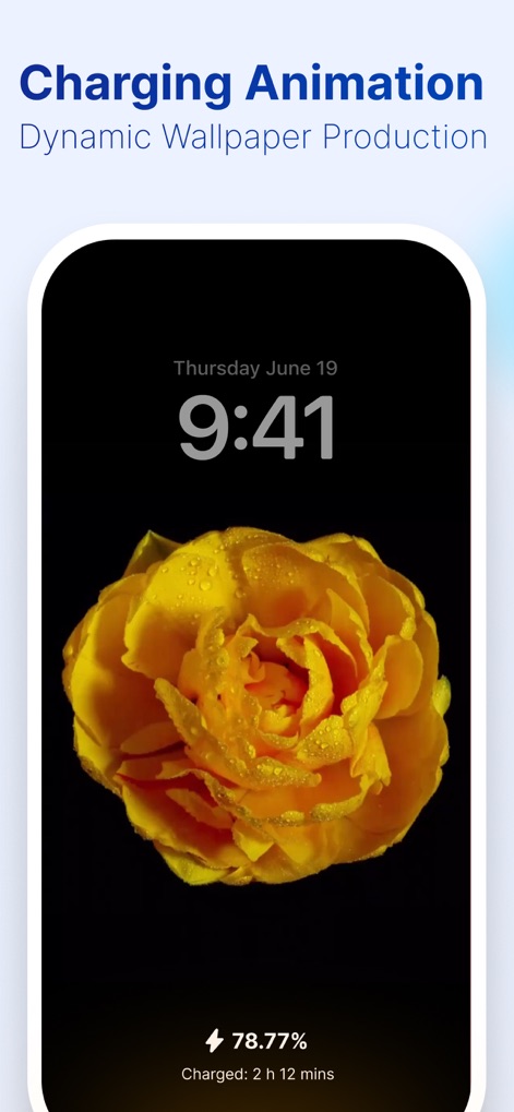 CleanSweep Go: Phone Booster - Se muestra una cautivadora animación de una rosa en pantalla completa durante la carga, acompañada del porcentaje de batería actual y el tiempo restante.