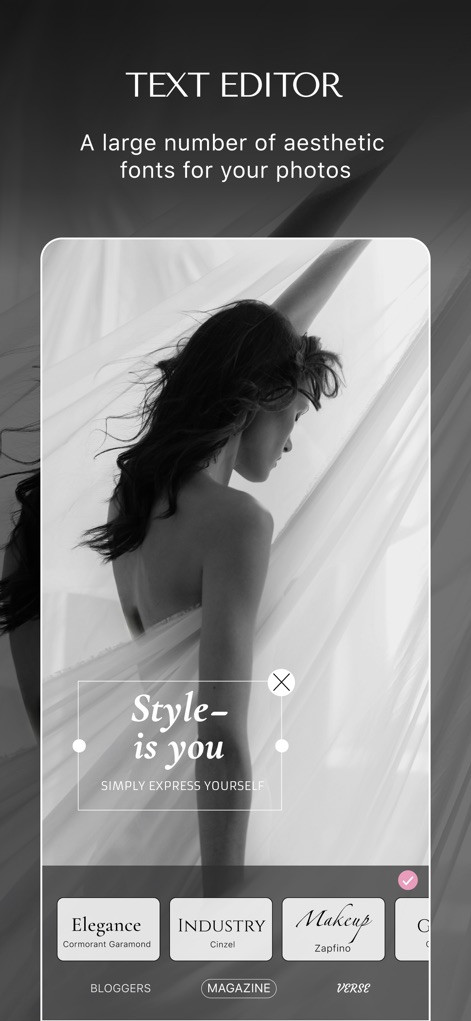 MalibooMake - Elevate visual stories using the app's powerful text editor, featuring a wide selection of aesthetic fonts like 'Elegance' and intuitive text positioning controls.