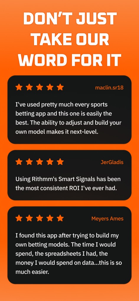 Rithmm: AI Sports Betting - Authentic user testimonials feature glowing 5-star ratings, highlighting the impact of 'Smart Signals' and the flexibility to 'adjust and build your own model'.