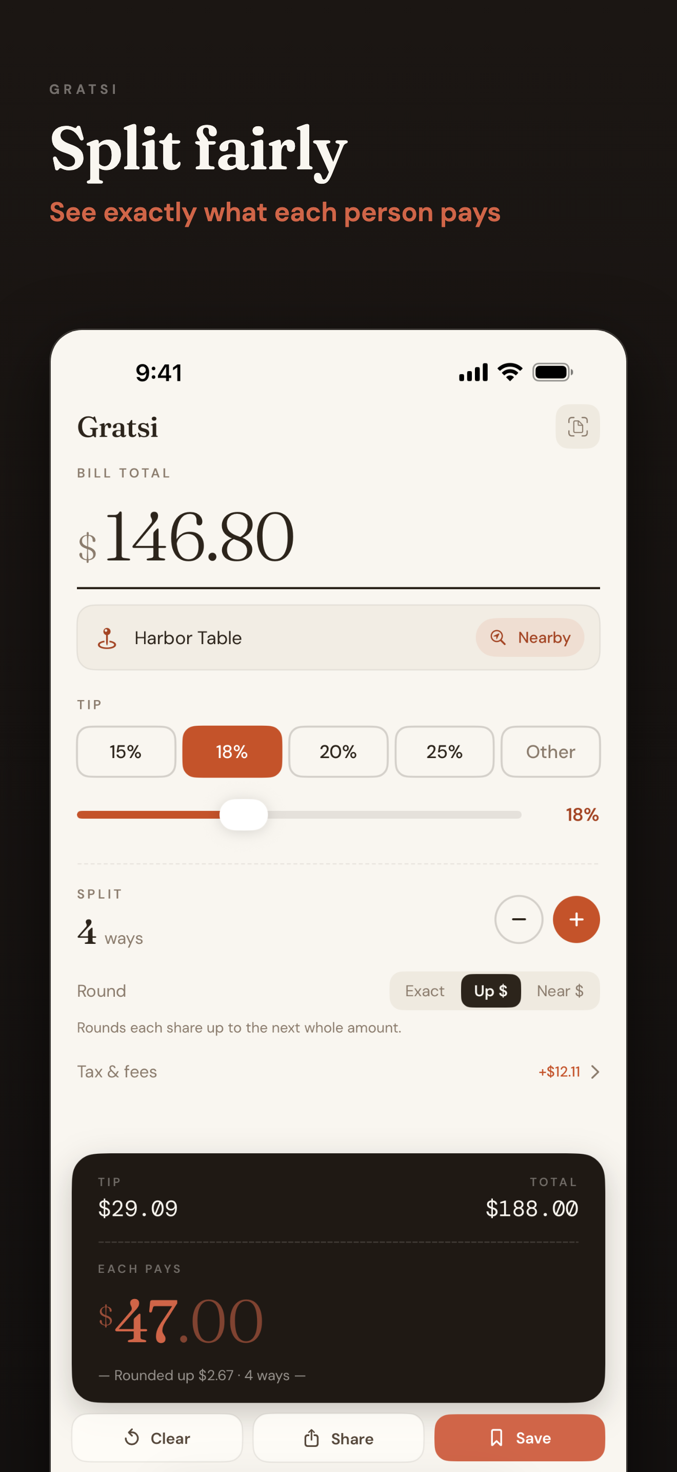 Gratsi: Tip & Split
