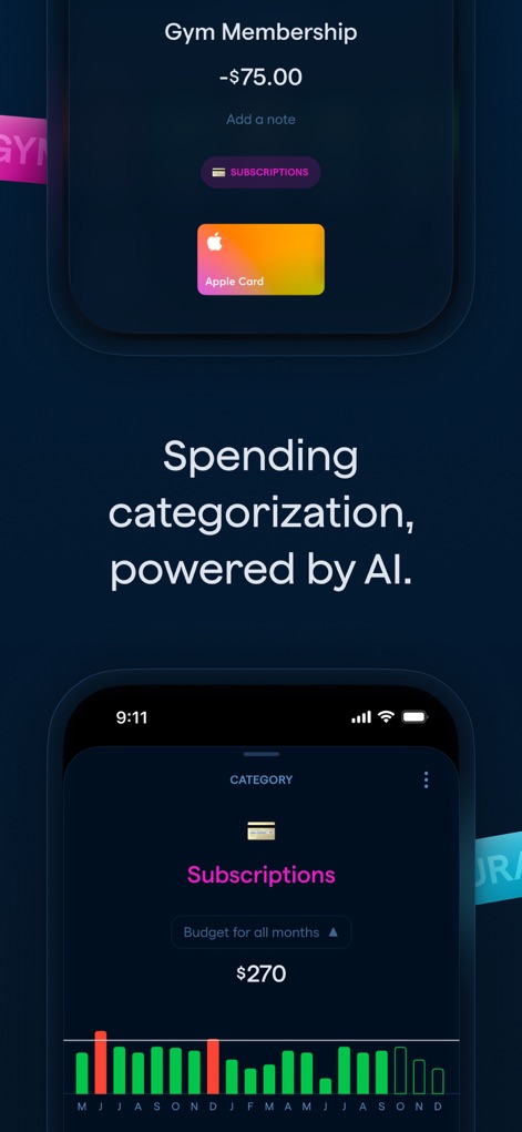 Copilot: Track & Budget Money - The app demonstrates intelligent AI categorization by automatically identifying expenses like 'Gym Membership' and linking them to funding sources such as the 'Apple Card'.