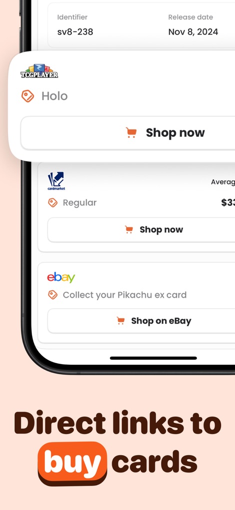 Acorn TCG ‒ Card Scanner App - The app seamlessly integrates with major marketplaces, providing direct 'Shop now' links to platforms like TCGPlayer and Cardmarket for convenient card acquisition.