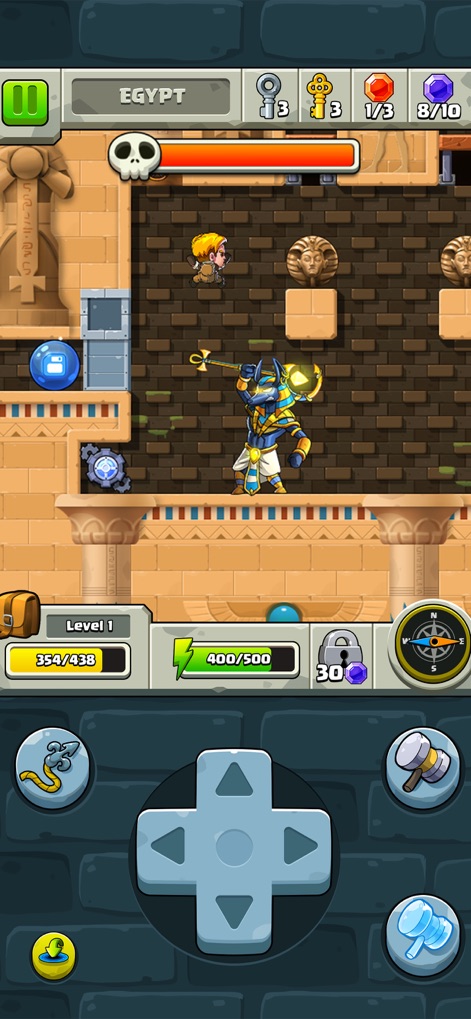 Diamond Quest: Don't Rush! - Engage in a challenging battle against the Anubis-like guardian, wielding a mystical staff, deep within the Egyptian temple's depths.