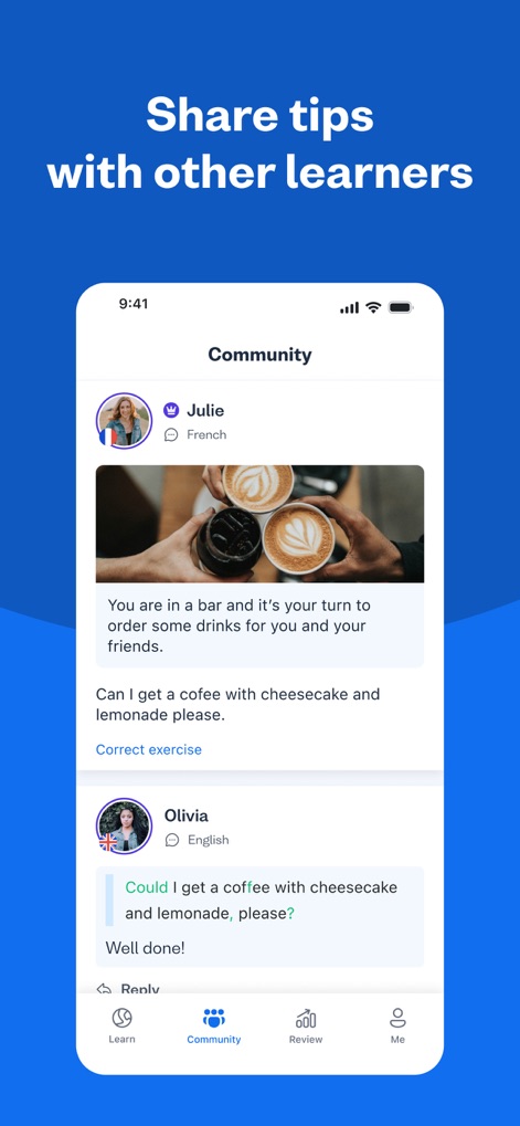 Busuu: Language Learning - Dentro de la comunidad, los estudiantes pueden compartir conocimientos e interactuar, evidenciado por las imágenes compartidas en las publicaciones y la valiosa función de correcciones de texto entre compañeros.