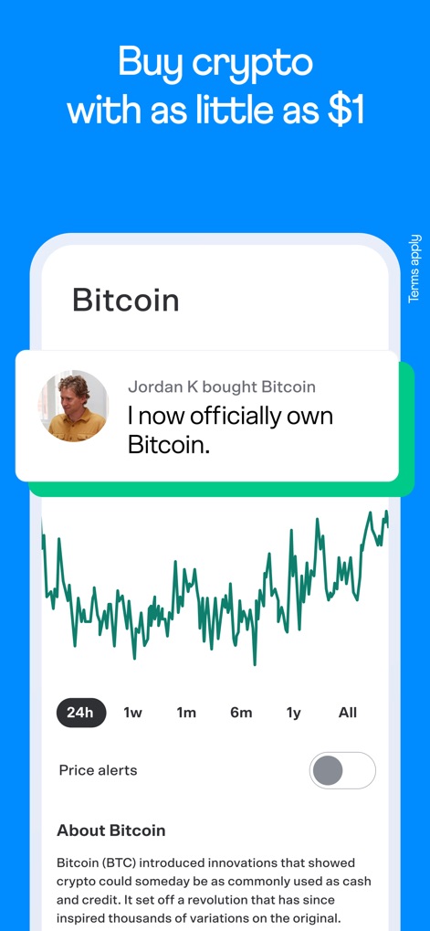 Venmo - Dieser Screen zeigt eine interaktive Bitcoin-Preiskurve und eine Benachrichtigung, dass 'Jordan K bought Bitcoin', was die einfache Handhabung von Kryptowährungen unterstreicht.