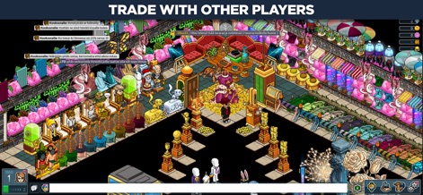 Habbo - Original Virtual World - Los usuarios pueden participar en un vibrante mercado virtual, evidenciado por la exhibición detallada de numerosos artículos para el intercambio y el espacio de chat que facilita la negociación entre jugadores.