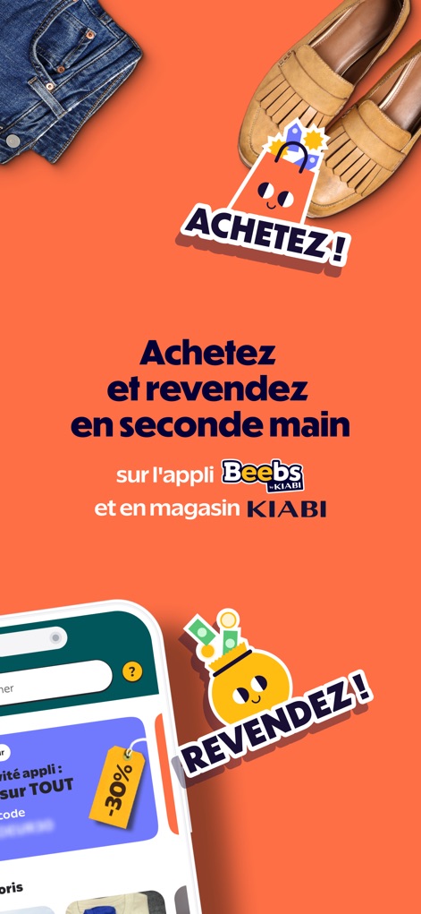 Beebs: Baby & Kids Second-hand - アプリ内取引に加え、Kiabi店舗での売買オプションを提示しています。画面には「ACHETEZ!（購入！）」と「REVENDEZ!（販売！）」の明確な行動喚起が表示されています。