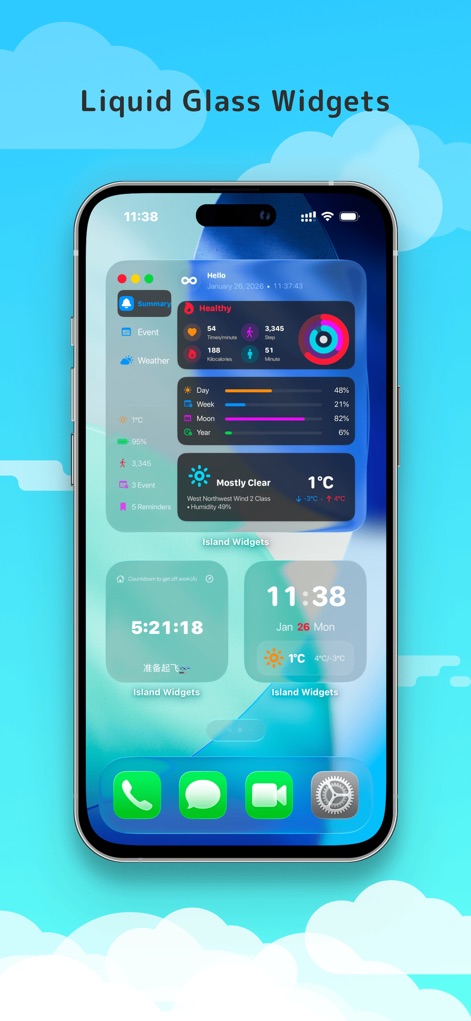 Island Widgets - Dieser Screenshot präsentiert die eleganten Liquid Glass Widgets, darunter eine umfassende Gesundheitsübersicht und ein Countdown-Widget, die beide mit ihrem semi-transparenten, flüssigen Design bestechen.