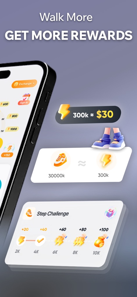 Perfit: Walk to Earn Rewards - Discover the app's rewarding system with the "Exchange" option to convert points to cash, and the structured "Step Challenge" offering incremental rewards for activity.