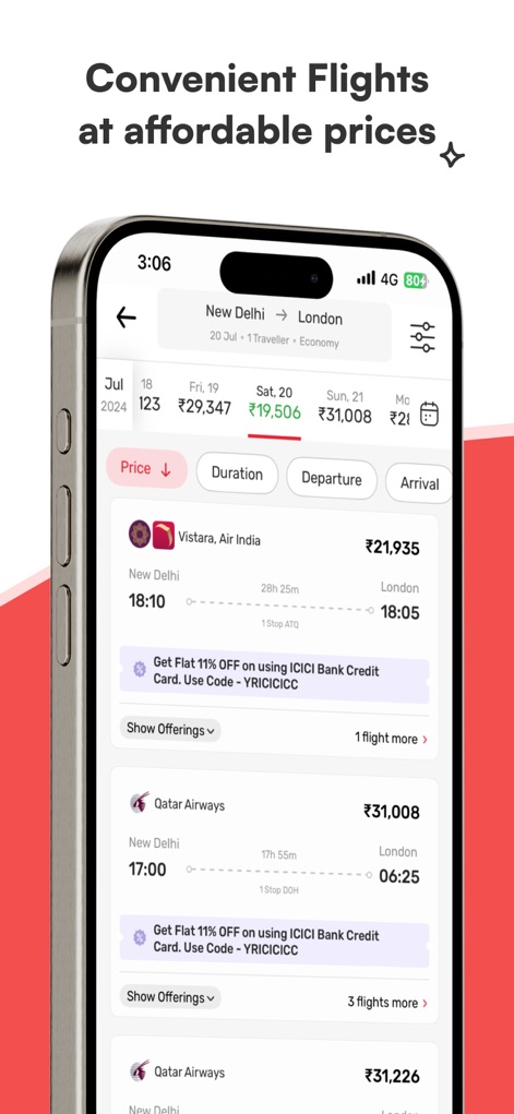Yatra - Flights, Hotels & Cabs - Users can effortlessly navigate flight options using the intuitive 'airfare calendar' and review detailed flight listings, each highlighting available 'special discounts'.