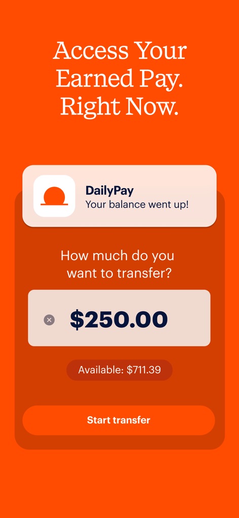DailyPay On-Demand Pay - This app showcases instant access to earned pay, allowing users to see their available balance and initiate a transfer of funds immediately.