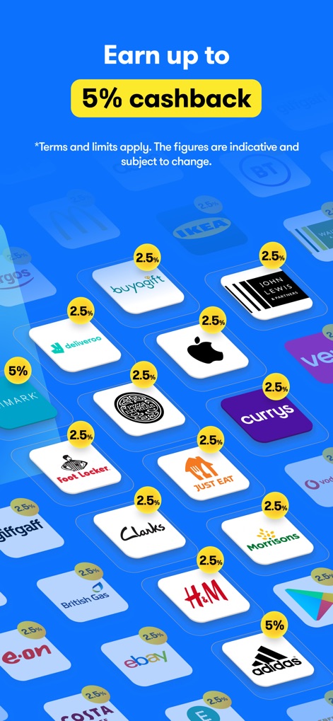 Pockit: Bank Card Alternative - 사용자는 이 앱의 파트너 매장에서 최대 5%의 캐시백 혜택을 받을 수 있으며, Sainsbury's, Argos, Apple 등 다양한 '유명 브랜드 로고'가 표시되어 혜택을 강조합니다. '최대 5%' 캐시백율이 눈에 뜁니다.