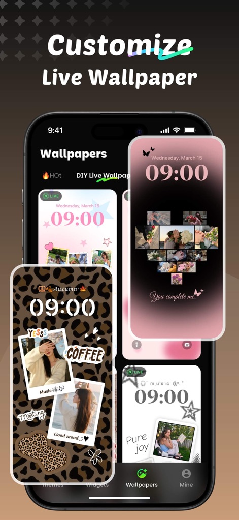 iThemes - Easy Widgets & Icons - Personalize your device with stunning live wallpapers, featuring charming heart designs and customizable photo collages for a unique touch.