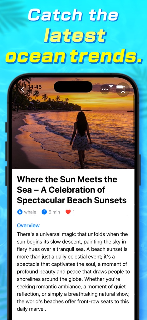 Whale: Video Chat & Adventure - Cet écran propose une lecture approfondie avec la vue détaillée d'un article, intégrant une image de couverture saisissante d'un coucher de soleil et un aperçu textuel évocateur.