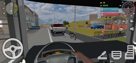 Criminal Russia 3D. Boris - The app allows players to experience the robust public transport system from a first-person perspective, showcasing the detailed bus interior and the variety of road traffic including trucks and motorcycles.