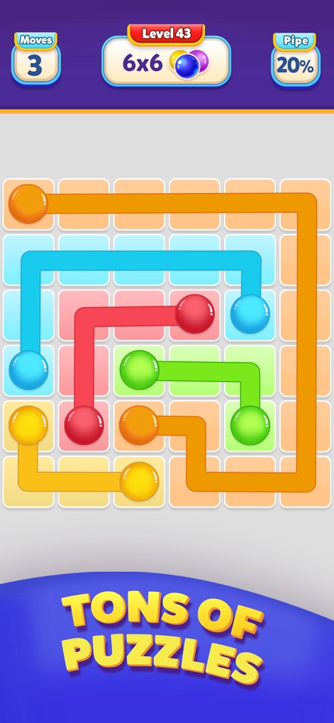 Ball Connect: Color Dot Puzzle - Witness the satisfying completion of a 6x6 puzzle with perfectly connected, vibrant color paths that fill the entire grid.