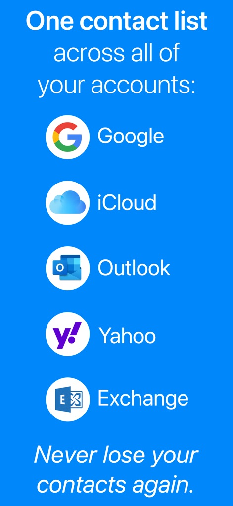 Contacts Sync: Google & More - La captura muestra los logos de servicios populares como Google y Outlook, enfatizando la capacidad de la aplicación para crear una lista de contactos unificada entre diversas plataformas.