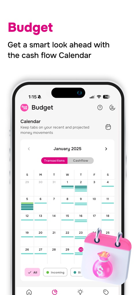 FloatMe: Easy Cash Advances - Plan finances effectively with the interactive "Calendar" view, showcasing projected money movements and providing distinct "Transactions" and "Cashflow" tabs.