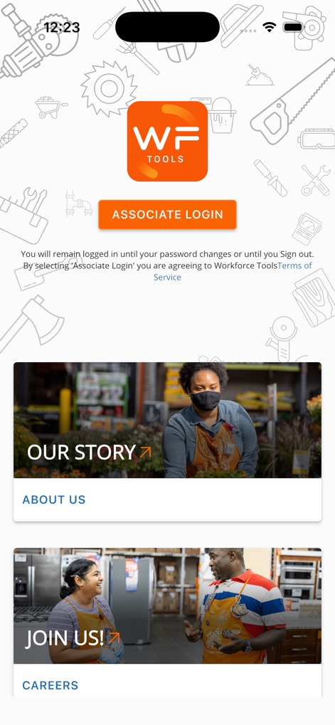 Workforce Tools - Users can easily log in via the prominent 'Associate Login' button and explore important resources such as the 'Terms of Service' or career information.