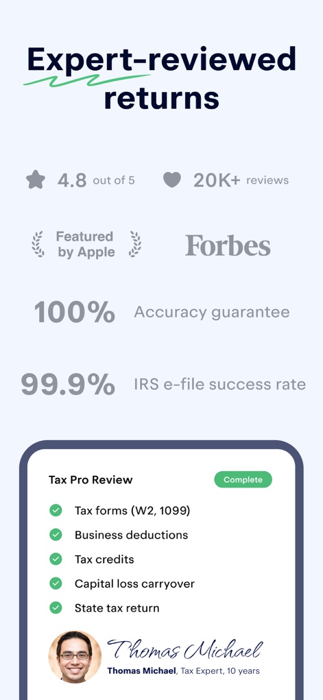 Keeper: Tax Filing & Expenses - This platform ensures expert-reviewed returns, featuring a detailed tax pro review checklist and the assurance of a human accountant's sign-off for accuracy.