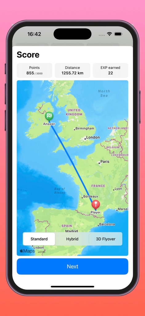 Place Guesser - This screen visualizes game results, displaying calculated 'Points' and 'Distance' metrics alongside various map types like 'Standard' or '3D Flyover' for detailed review.
