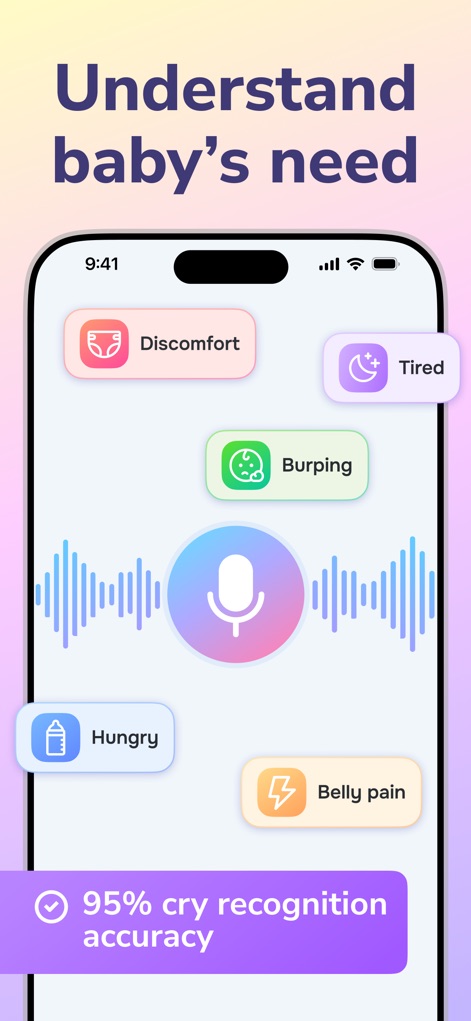 Cry Analyzer · Baby Translator - Gli utenti possono visualizzare le diverse possibili cause del pianto come "Discomfort" e "Hungry", con una percentuale di accuratezza del 95% ben in evidenza per la massima fiducia.