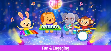Piano Kids Music Learning Game - The app showcases animated animal characters playing instruments together, creating an engaging and interactive stage performance for children.