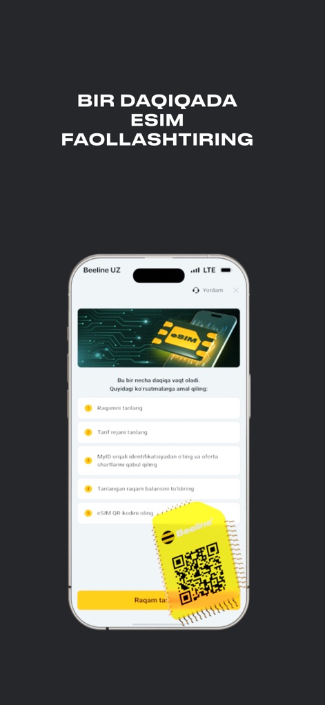 Beepul - O processo de ativação do eSIM é detalhado através de uma lista de passos simples, culminando na apresentação de um QR code Beeline para configuração rápida.