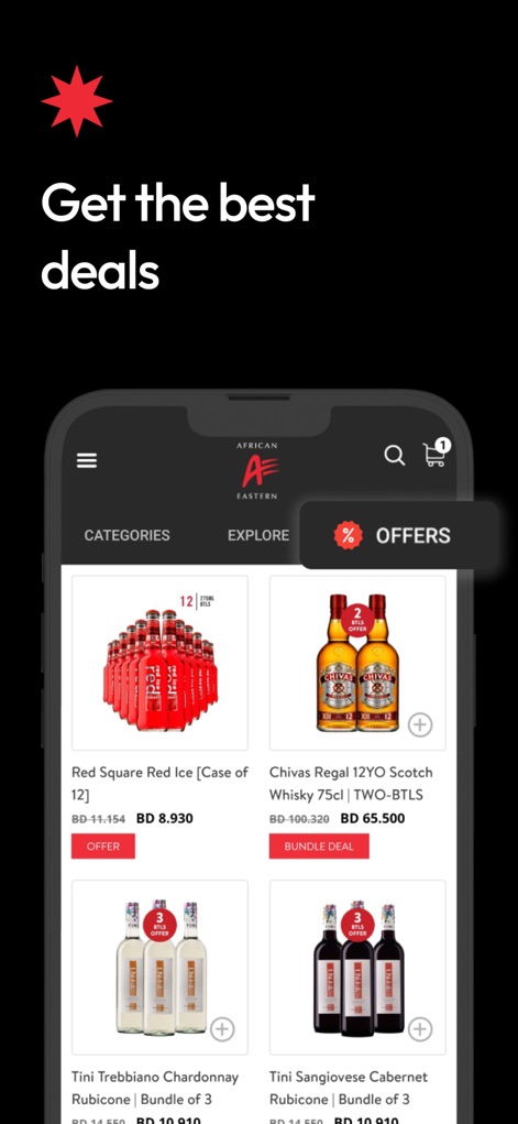 A&E Shop - Alcohol Delivery - Die App präsentiert eine spezielle „Offers“-Sektion mit attraktiven Aktionspreisen und Bündelpaketen, die Nutzern erhebliche Einsparungen ermöglichen.