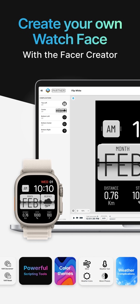 Watch Faces by Facer - Unleash creativity with the Facer Creator tool, offering powerful scripting features and options for integrating weather complications and custom color themes.