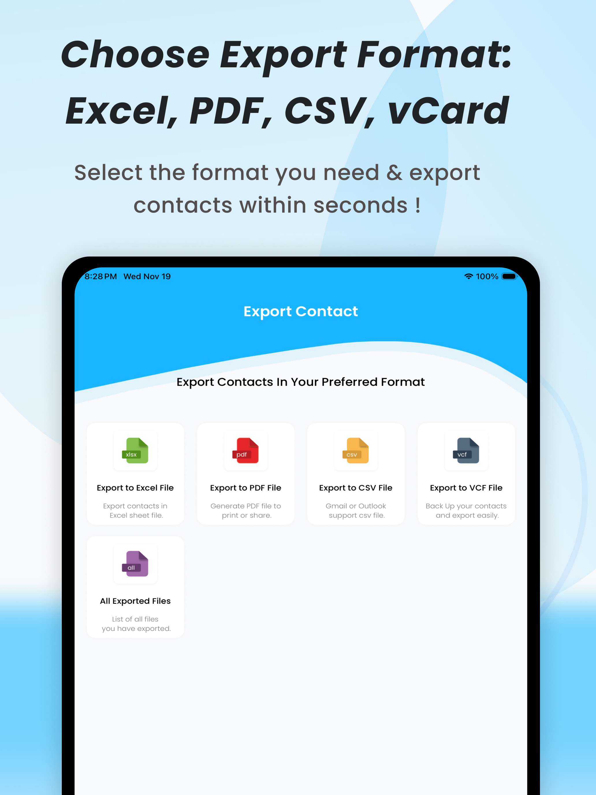 Contacts to Excel , PDF , CSV