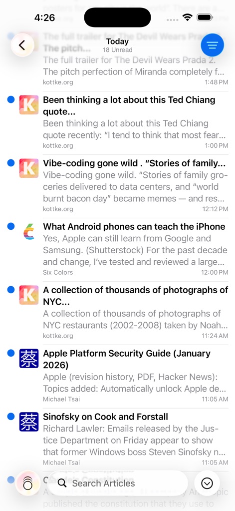 NetNewsWire: RSS Reader - This view allows for rapid content assessment, presenting article "headlines" with their associated "timestamps" for up-to-the-minute information and easy identification of new posts.