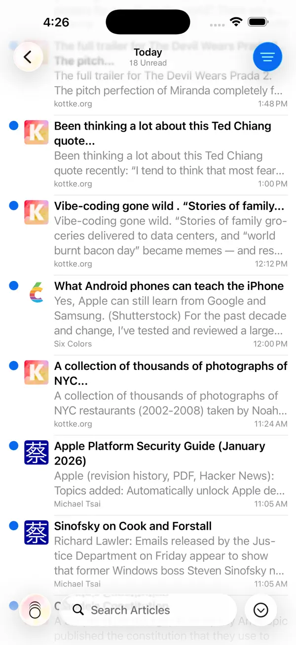 NetNewsWire: RSS Reader iPhone App Screenshot 4 – Nachrichten