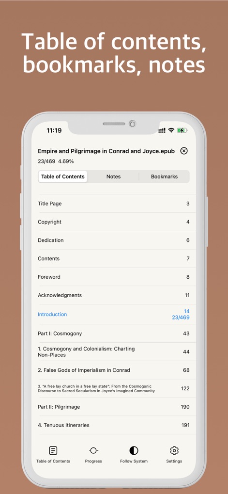 Epub Reader -read epub,chm,txt - Los usuarios acceden fácilmente al índice de contenidos estructurado y a pestañas dedicadas para gestionar notas y marcadores, optimizando la lectura.