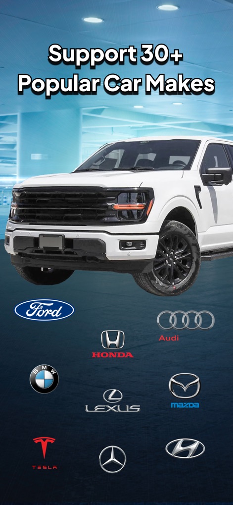 Sync: Ford Car Play Connect - La aplicación se distingue por su amplia compatibilidad, ilustrada con una serie de logotipos de marcas de automóviles populares y el lema "Support 30+ Popular Car Makes", asegurando soporte para diversos vehículos.